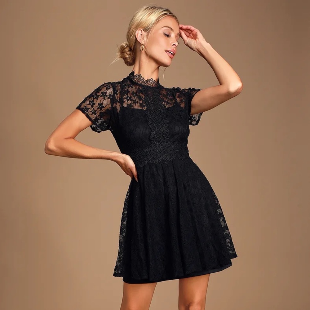 Clique Black Lace Short Sleeve Mock Neck Skater Dress